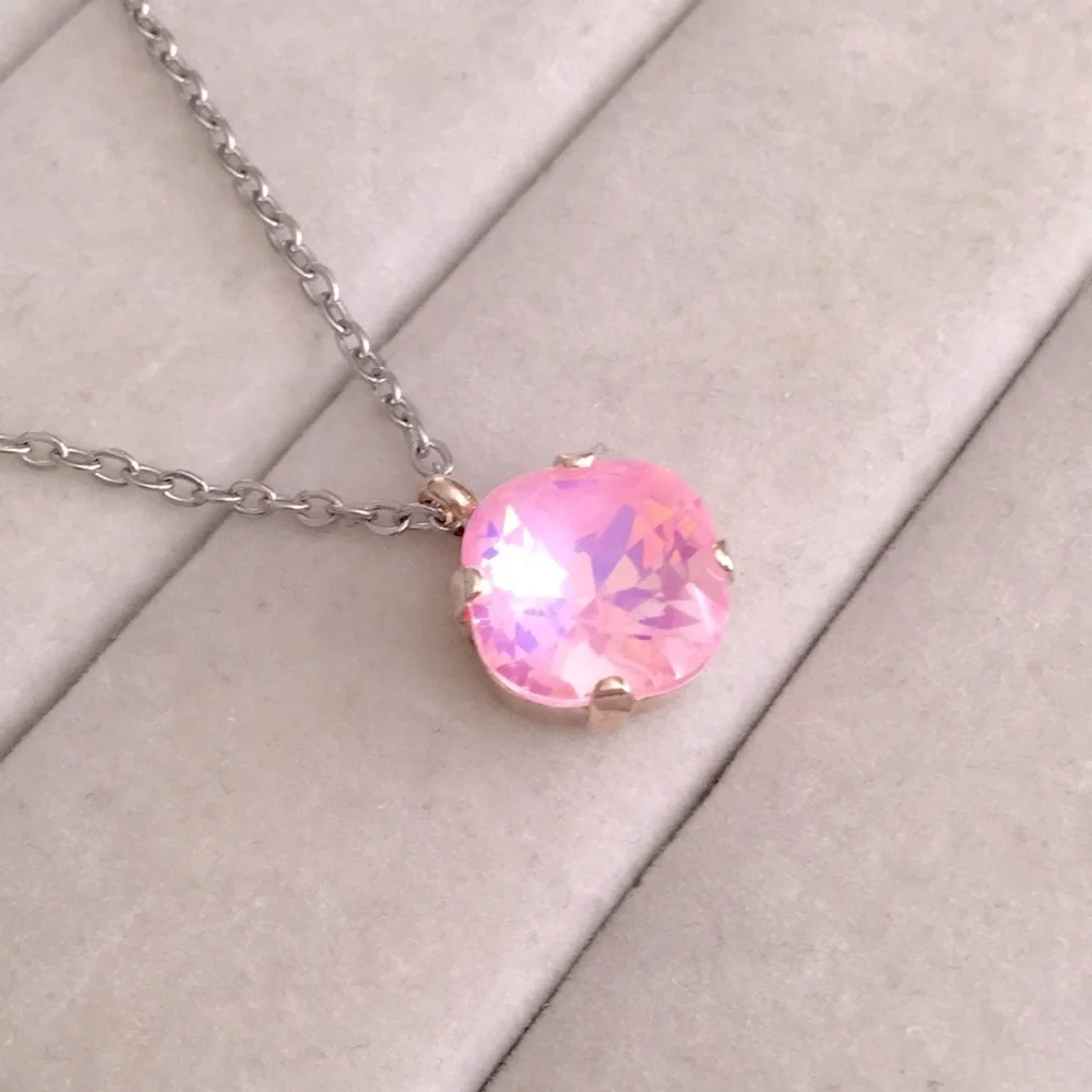 Pink Opal Aurora Borealis + Silver Cushion Cut Crystal Drop Pendant Necklace - Picture 7 of 7